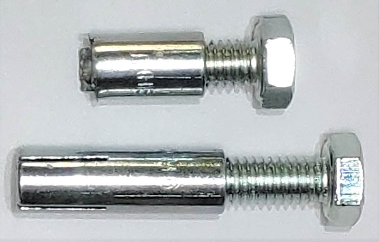 Example of the breakage of an M6 drop-in anchor (top photo) during installation due to excessive bolt length