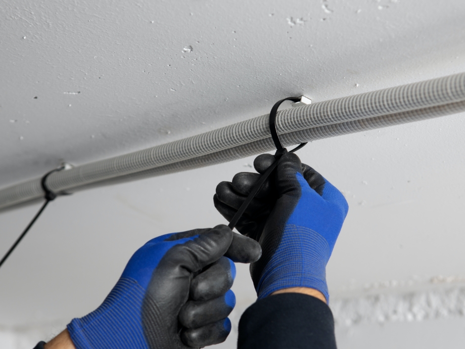 Installer anchoring a PVC pipe to the ceiling using black cable ties
